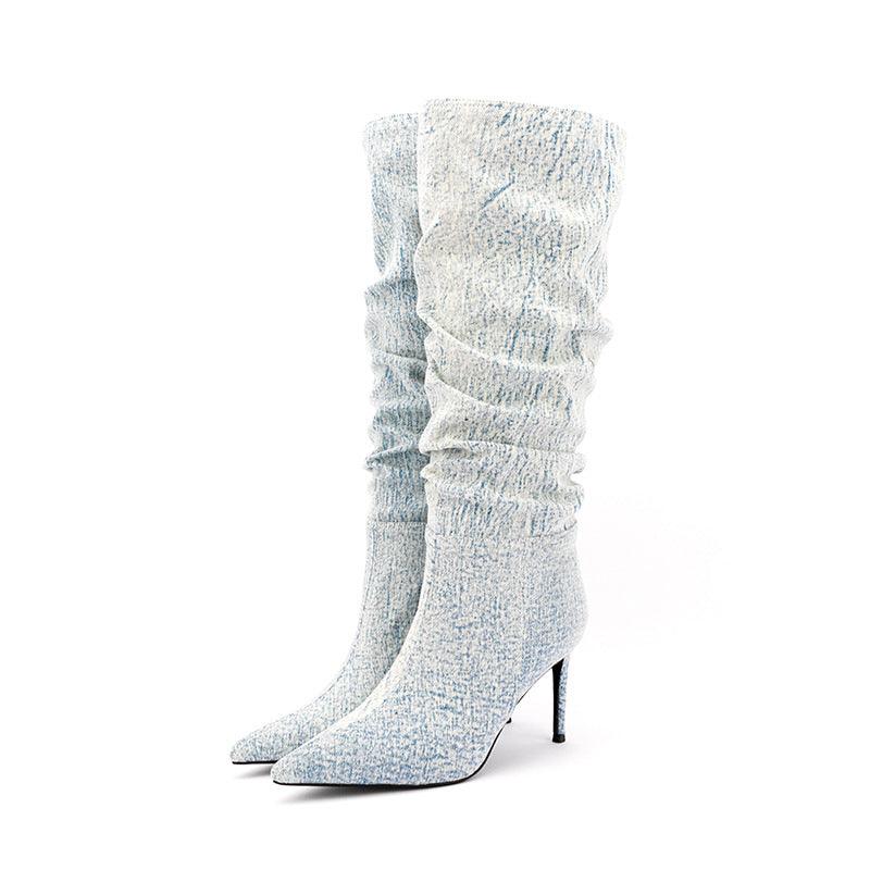 White Denim High Heel Tall Boots