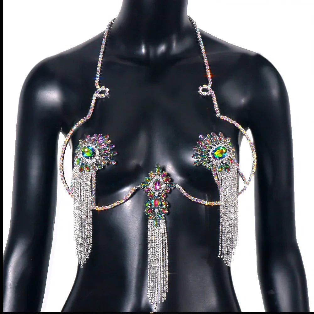 Sexy Tassel Color Crystal Chest Chain Necklace Women Bikini Accessories Sparkling Rhinestone Bra Body Chain Beach Charm Lingerie