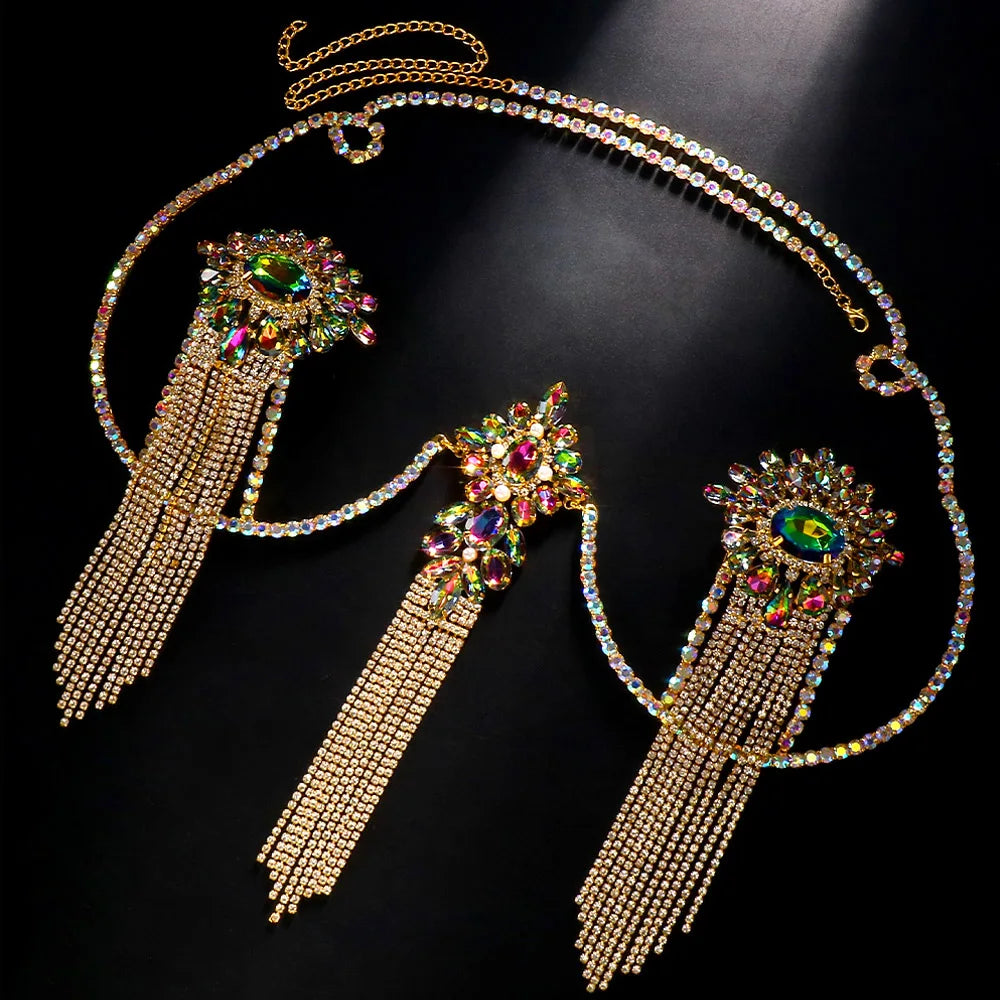 Sexy Tassel Color Crystal Chest Chain Necklace Women Bikini Accessories Sparkling Rhinestone Bra Body Chain Beach Charm Lingerie