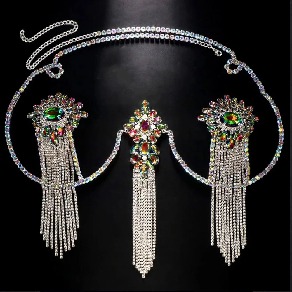 Sexy Tassel Color Crystal Chest Chain Necklace Women Bikini Accessories Sparkling Rhinestone Bra Body Chain Beach Charm Lingerie