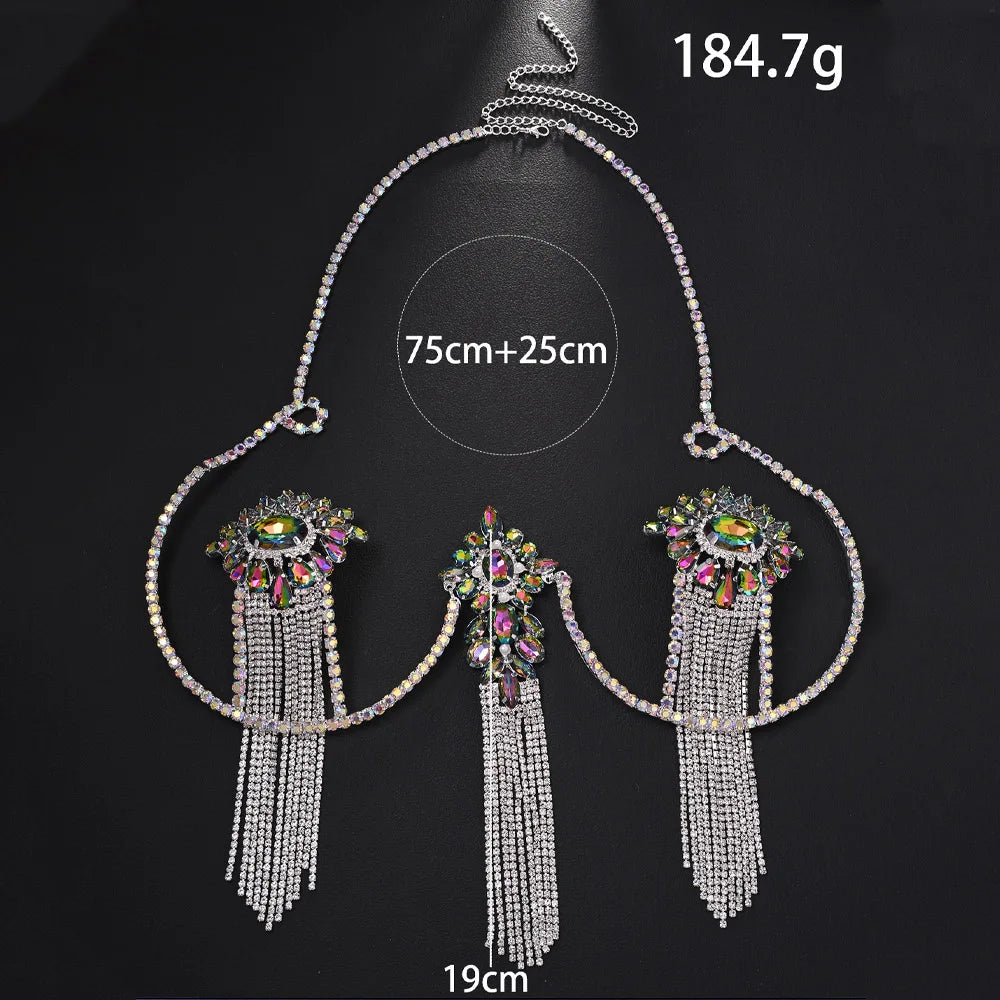 Sexy Tassel Color Crystal Chest Chain Necklace Women Bikini Accessories Sparkling Rhinestone Bra Body Chain Beach Charm Lingerie