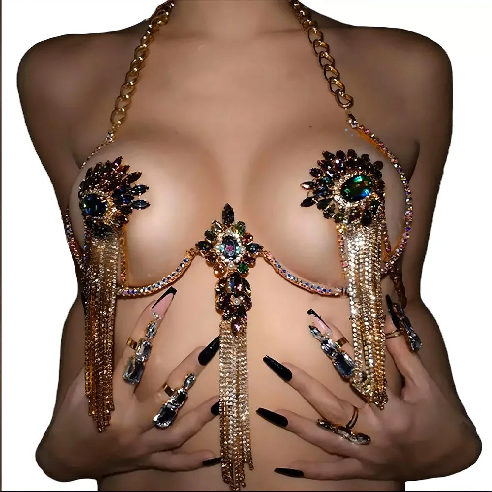 Sexy Tassel Color Crystal Chest Chain Necklace Women Bikini Accessories Sparkling Rhinestone Bra Body Chain Beach Charm Lingerie