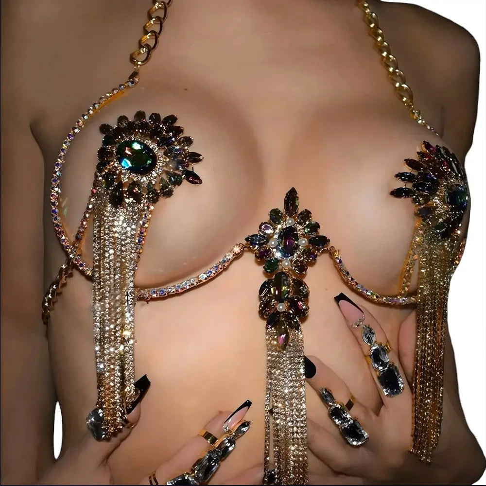 Sexy Tassel Color Crystal Chest Chain Necklace Women Bikini Accessories Sparkling Rhinestone Bra Body Chain Beach Charm Lingerie
