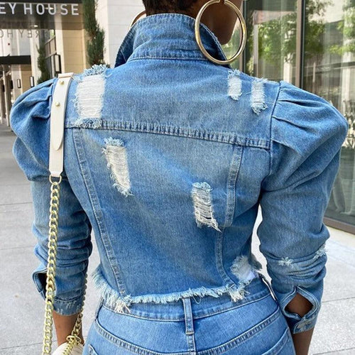 Chic Distressed Denim Puffy Sleeves Jacket – Fashionable Cropped Jean Jacket