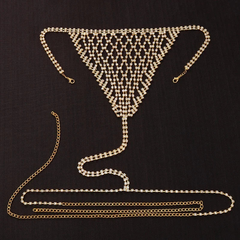 Luxury Rhinestone Grid Body Chain Set – Shimmering Crystal Mesh Bra & Thong Harness Set for Raves, Festivals & Exotic Clubwear