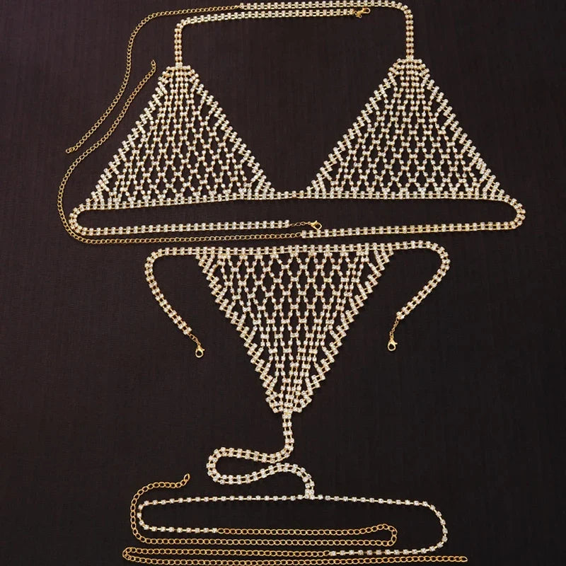 Luxury Rhinestone Grid Body Chain Set – Shimmering Crystal Mesh Bra & Thong Harness Set for Raves, Festivals & Exotic Clubwear