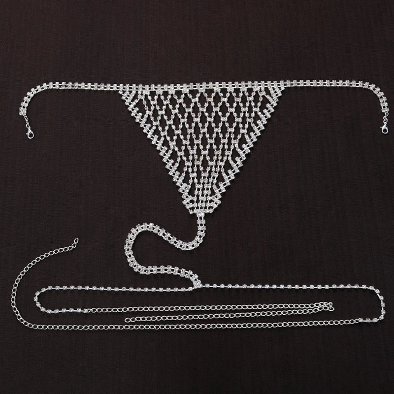 Luxury Rhinestone Grid Body Chain Set – Shimmering Crystal Mesh Bra & Thong Harness Set for Raves, Festivals & Exotic Clubwear