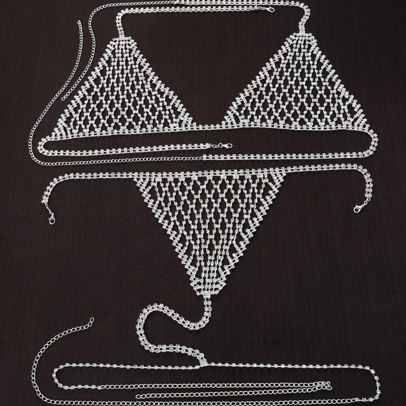 Luxury Rhinestone Grid Body Chain Set – Shimmering Crystal Mesh Bra & Thong Harness Set for Raves, Festivals & Exotic Clubwear