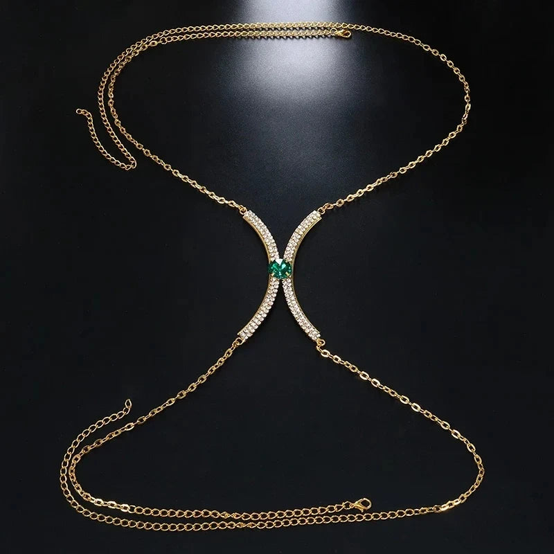 Luxury Rhinestone U-Shape Chest Chain – Shimmering Water Drop Pendant Bikini Bra Body Jewelry for Festivals & Beachwear