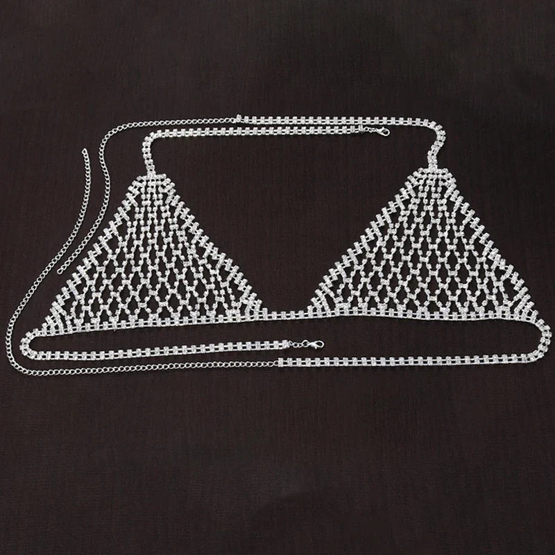 Luxury Rhinestone Grid Body Chain Set – Shimmering Crystal Mesh Bra & Thong Harness Set for Raves, Festivals & Exotic Clubwear