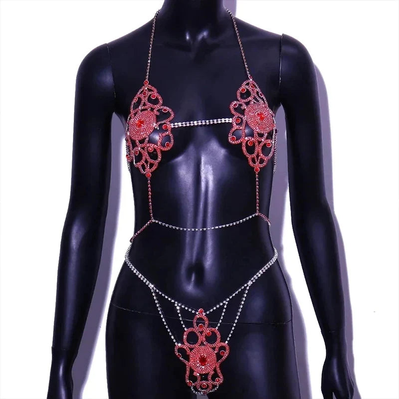 Luxury Rhinestone Lingerie Body Chain Set – Shimmering Crystal Bra & Thong Waist Harness Set for Festivals, Raves & Exotic Clubwear