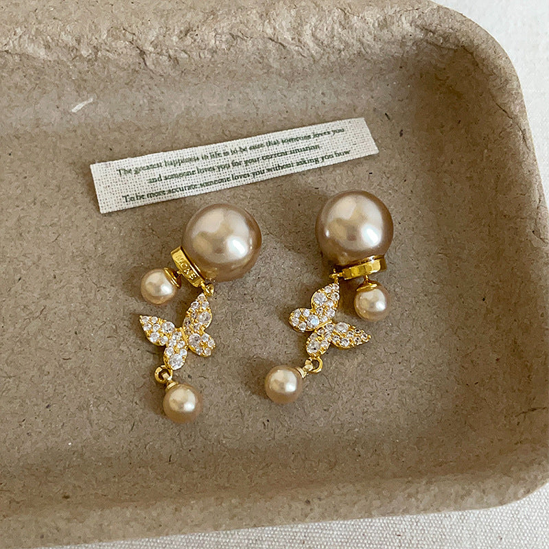 Women's Front Rear Diamond Butterfly Pearl Light Luxury High-grade Retro Fashion Earrings