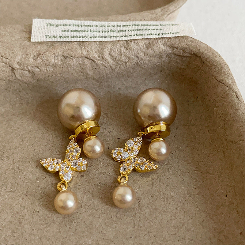 Women's Front Rear Diamond Butterfly Pearl Light Luxury High-grade Retro Fashion Earrings