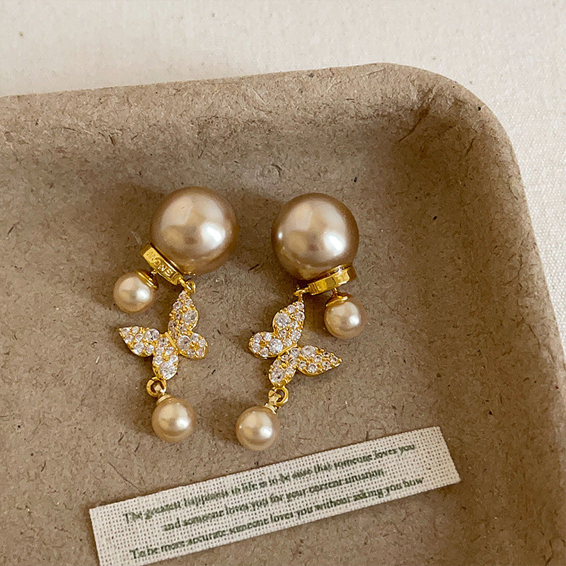 Women's Front Rear Diamond Butterfly Pearl Light Luxury High-grade Retro Fashion Earrings