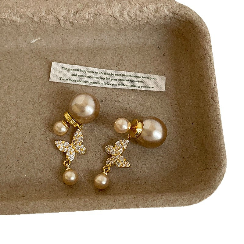 Women's Front Rear Diamond Butterfly Pearl Light Luxury High-grade Retro Fashion Earrings
