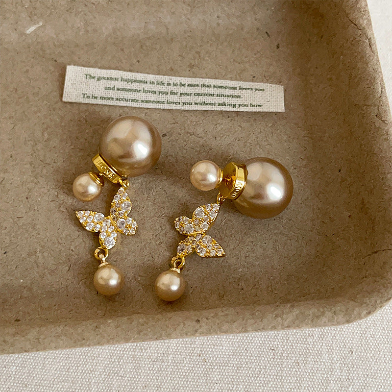 Women's Front Rear Diamond Butterfly Pearl Light Luxury High-grade Retro Fashion Earrings