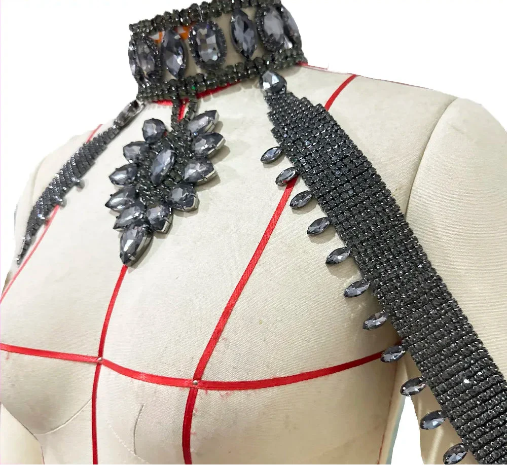 Rhinestone Shoulder Choker Necklace & Bracelet Jewelry Set