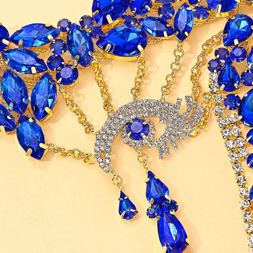 The Stardust Blue Demon – Deluxe Rhinestone Eye Mask & Full Face Chain Jewelry Veil