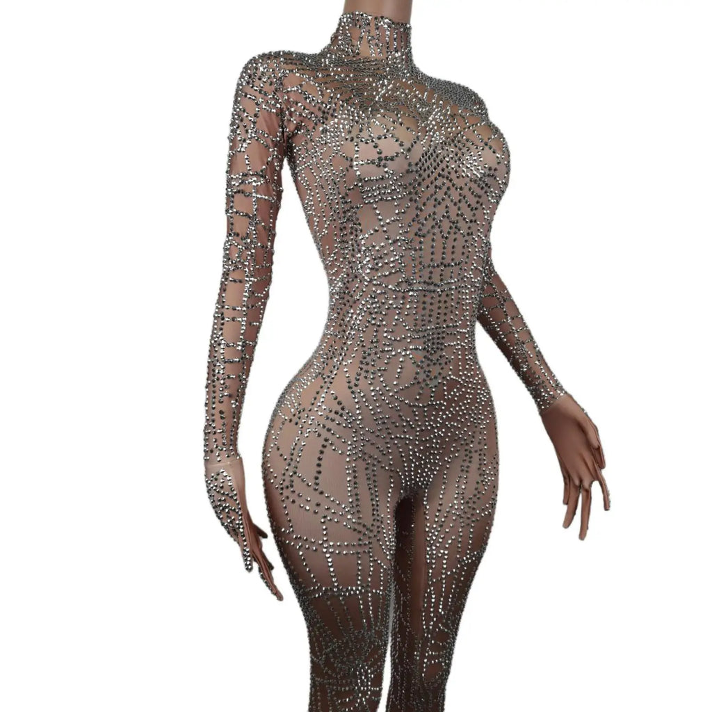 Geometric Rhinestone Illusion Bodysuit