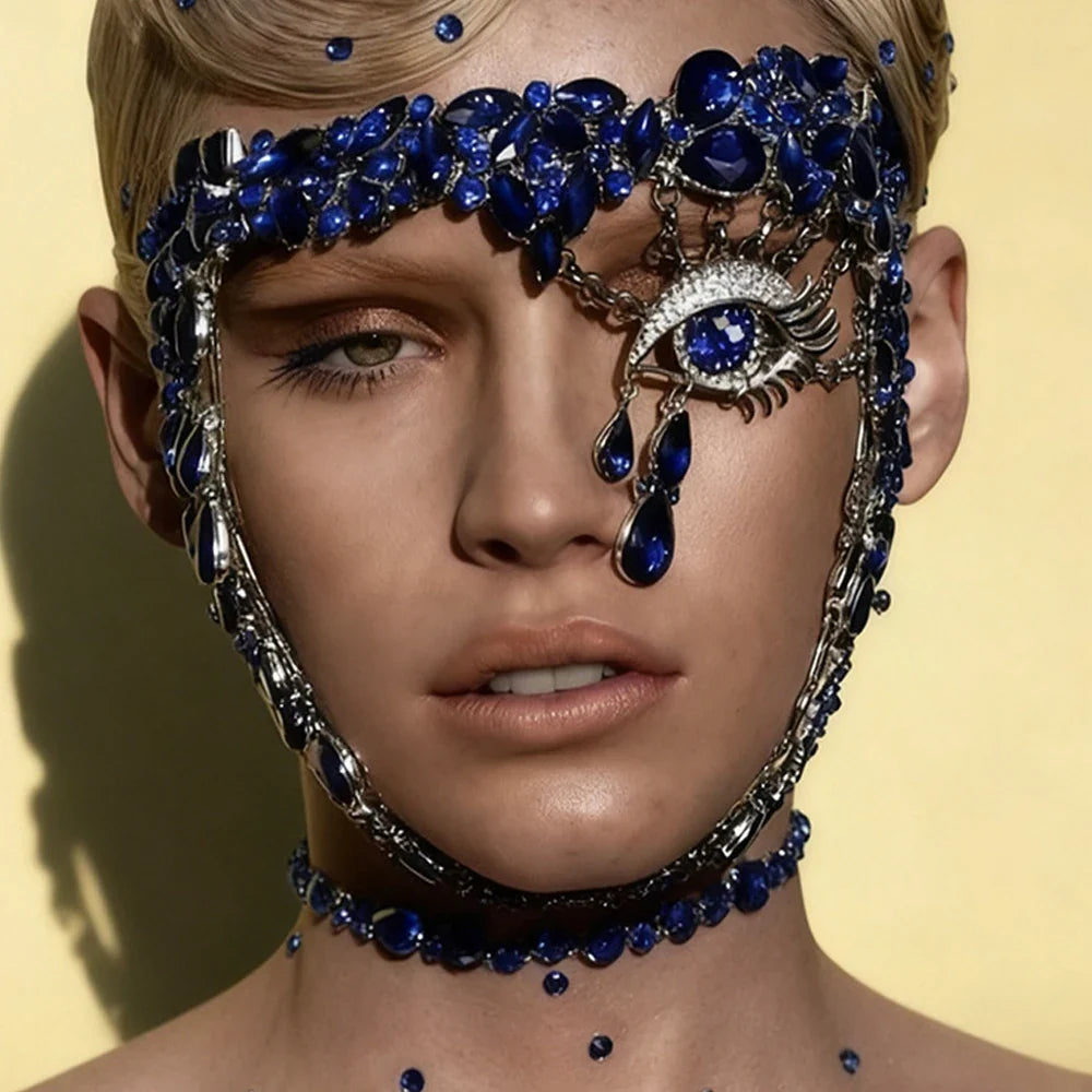 The Stardust Blue Demon – Deluxe Rhinestone Eye Mask & Full Face Chain Jewelry Veil