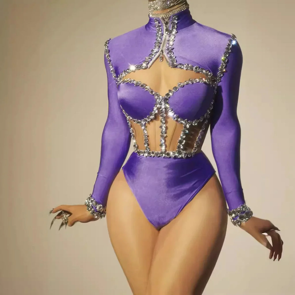 The Stardust Nebula Leotard – Long-Sleeve Rhinestone Stage Bodysuit