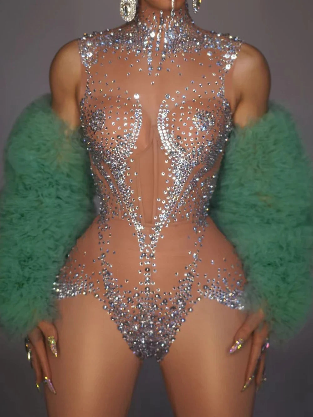 The Stardust Mirage – Rhinestone Mesh Bodysuit & White Statement Jacket Set