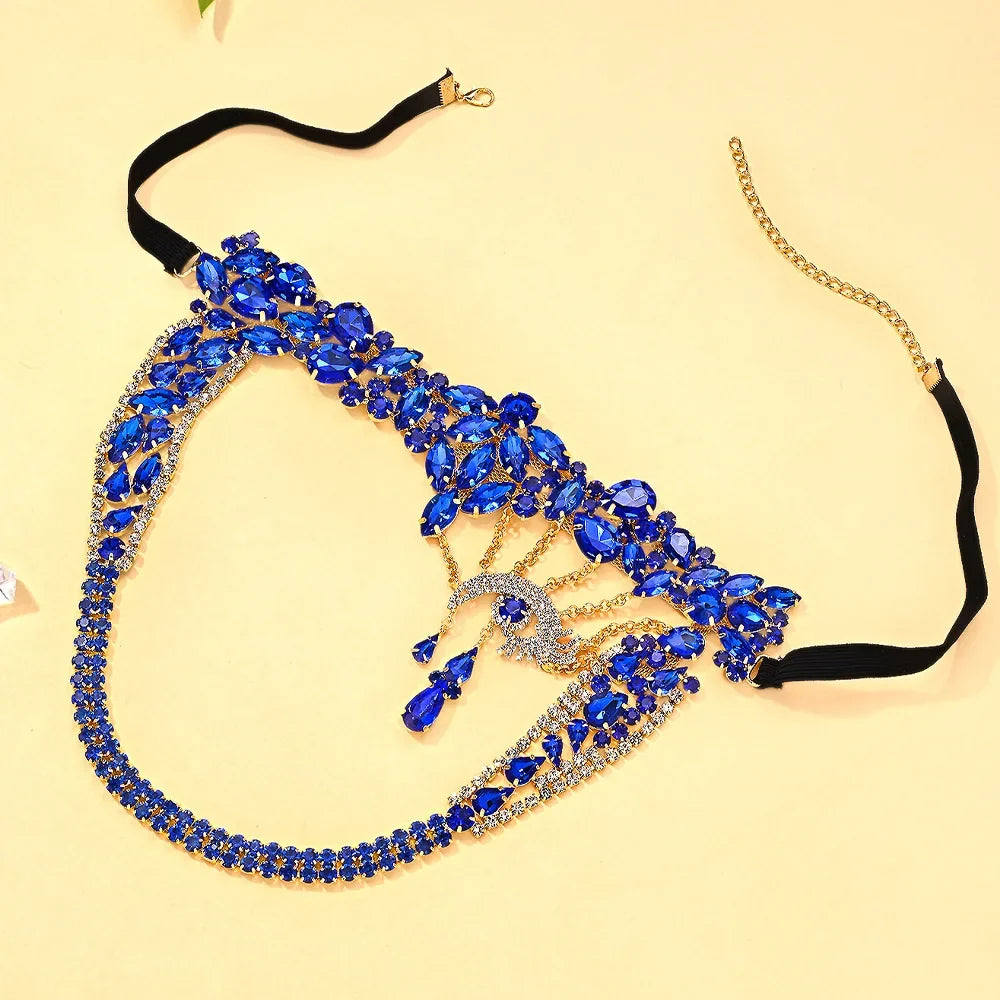 The Stardust Blue Demon – Deluxe Rhinestone Eye Mask & Full Face Chain Jewelry Veil