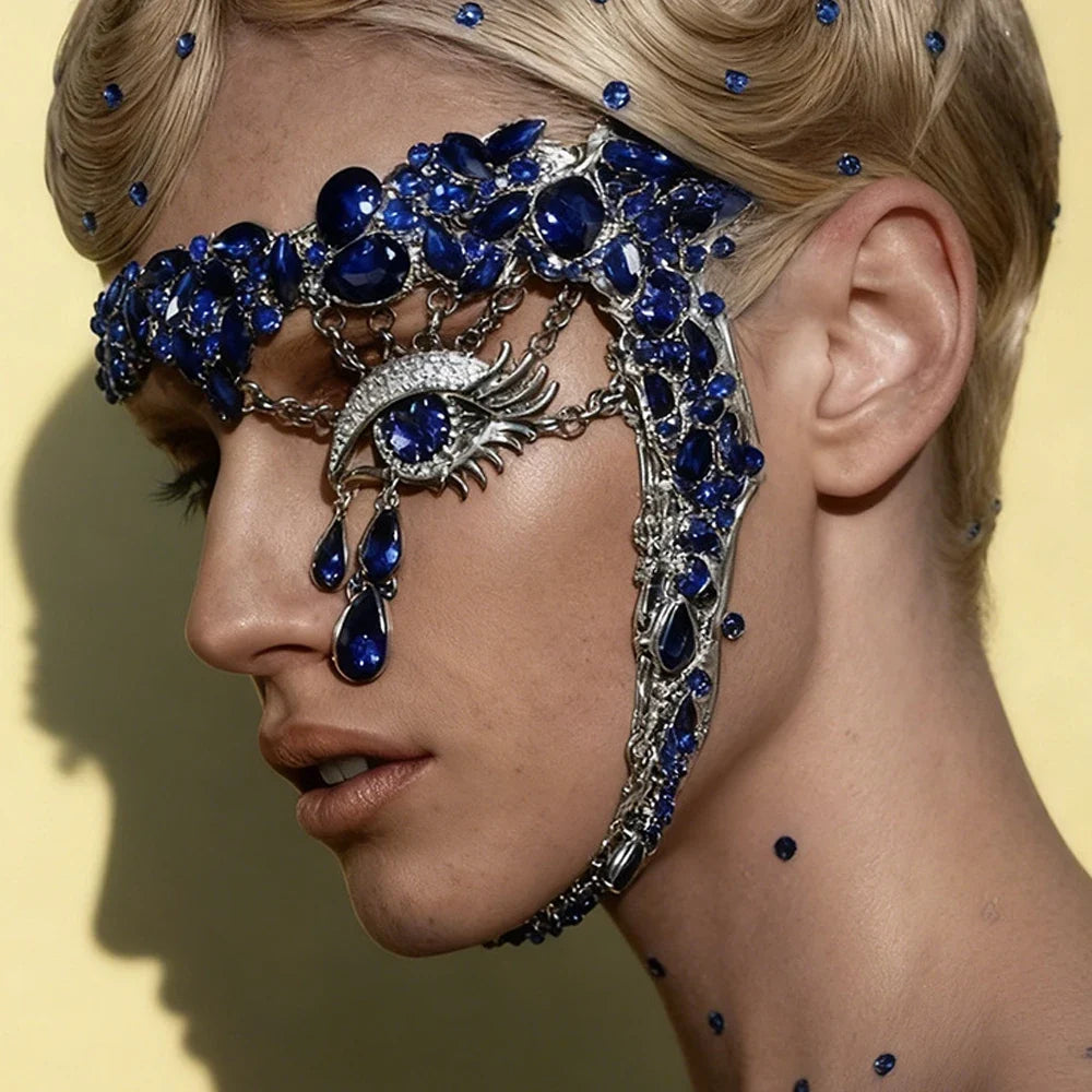 The Stardust Blue Demon – Deluxe Rhinestone Eye Mask & Full Face Chain Jewelry Veil