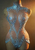 The Stardust Mirage – Rhinestone Mesh Bodysuit & White Statement Jacket Set