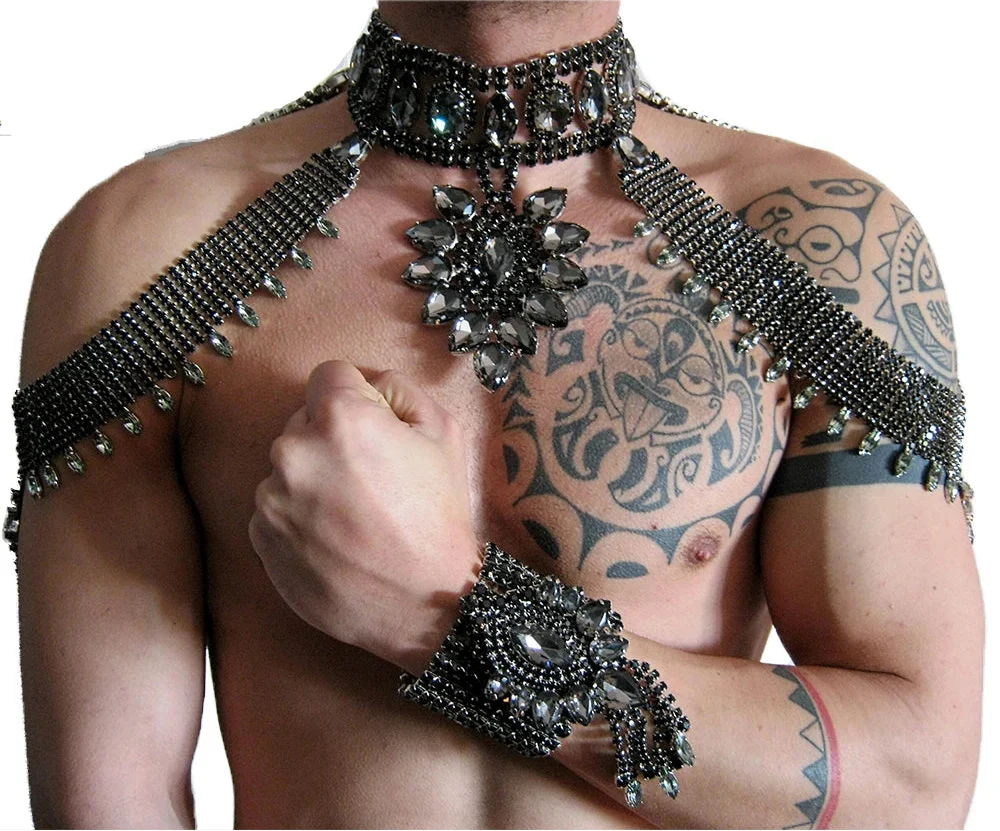 Rhinestone Shoulder Choker Necklace & Bracelet Jewelry Set