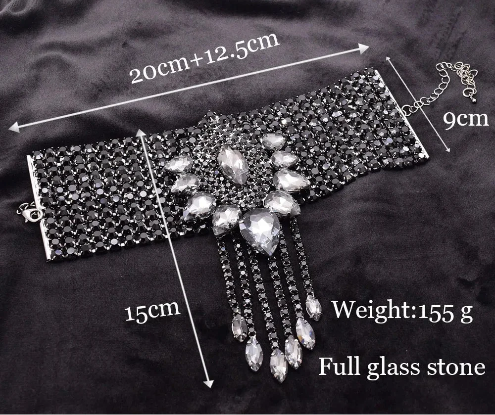 Rhinestone Shoulder Choker Necklace & Bracelet Jewelry Set