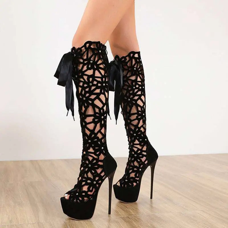 Black Lace-up Peep Toe High Heels