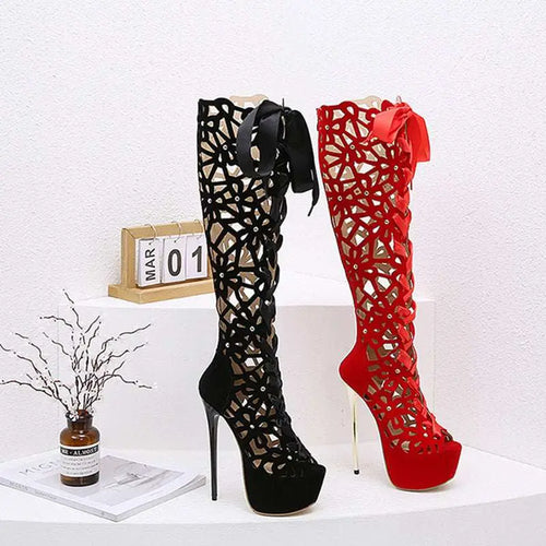 Black Lace-up Peep Toe High Heels