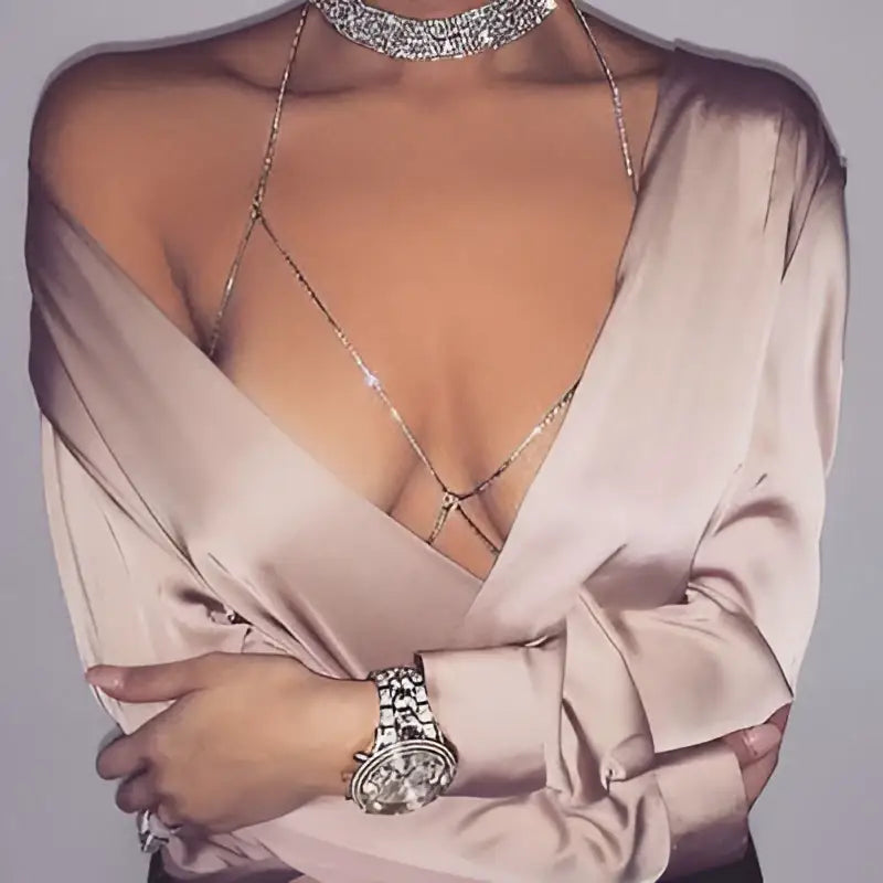 Champagne Satin Blouse with Rhinestone Body Jewelry