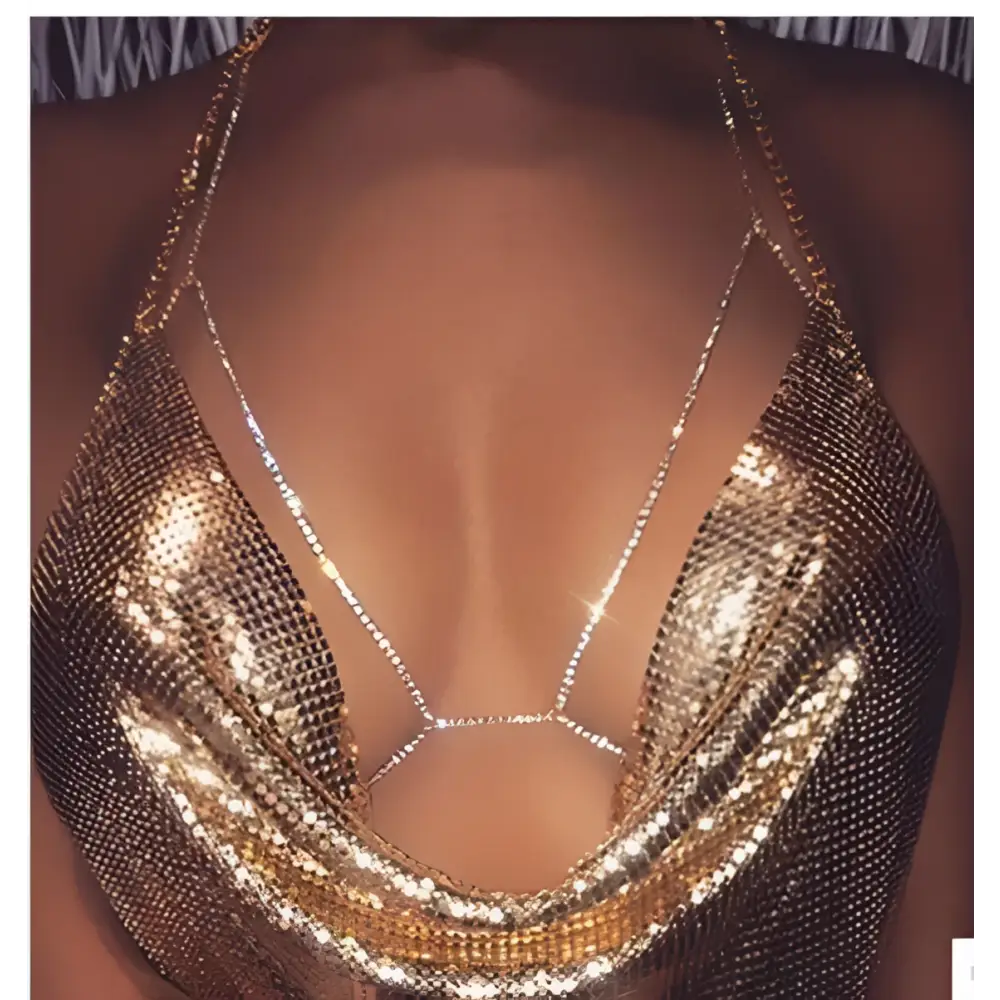 Champagne Satin Blouse with Rhinestone Body Jewelry