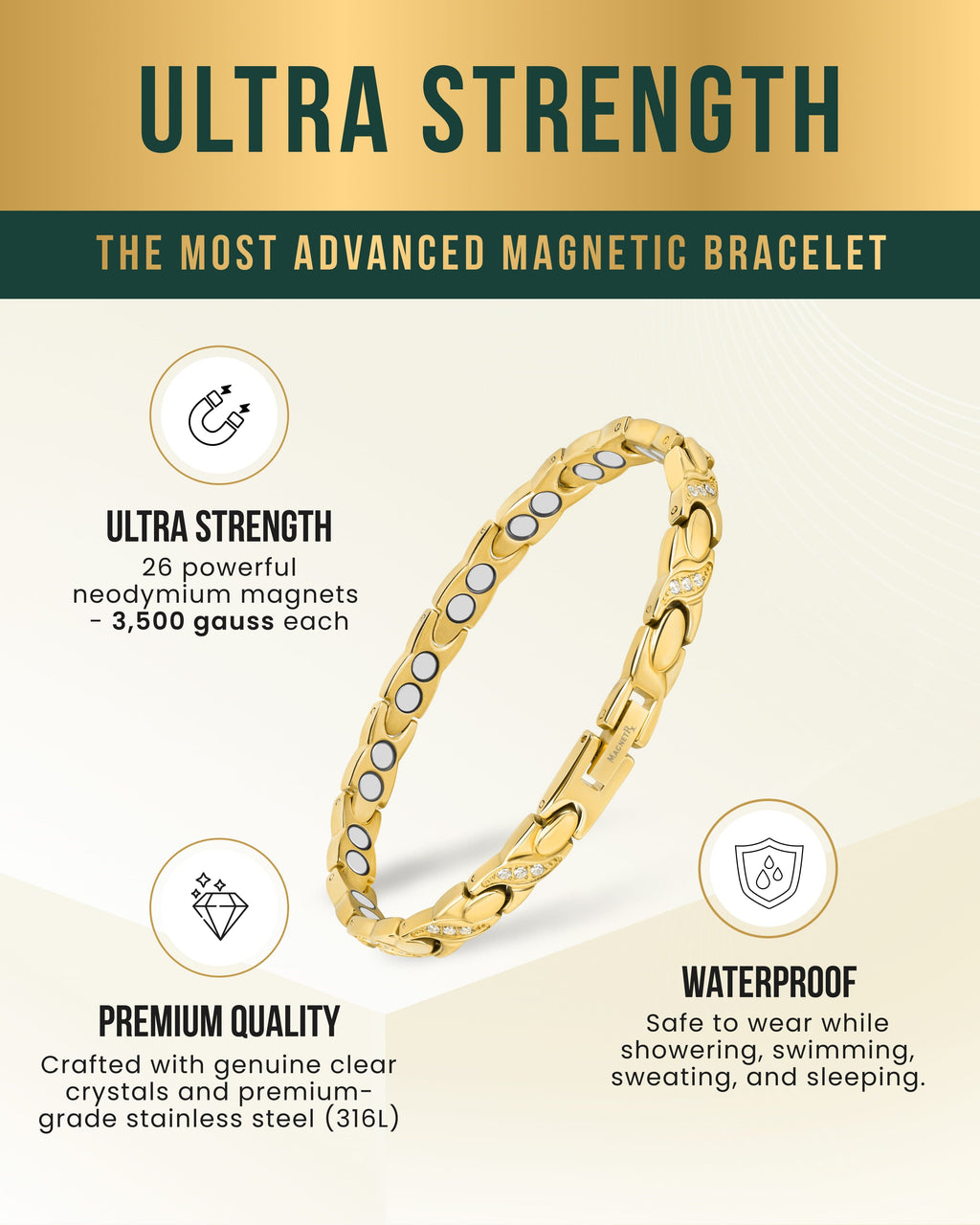 Women's Ultra Strength Magnetic Bracelet Crystal XO (Gold)