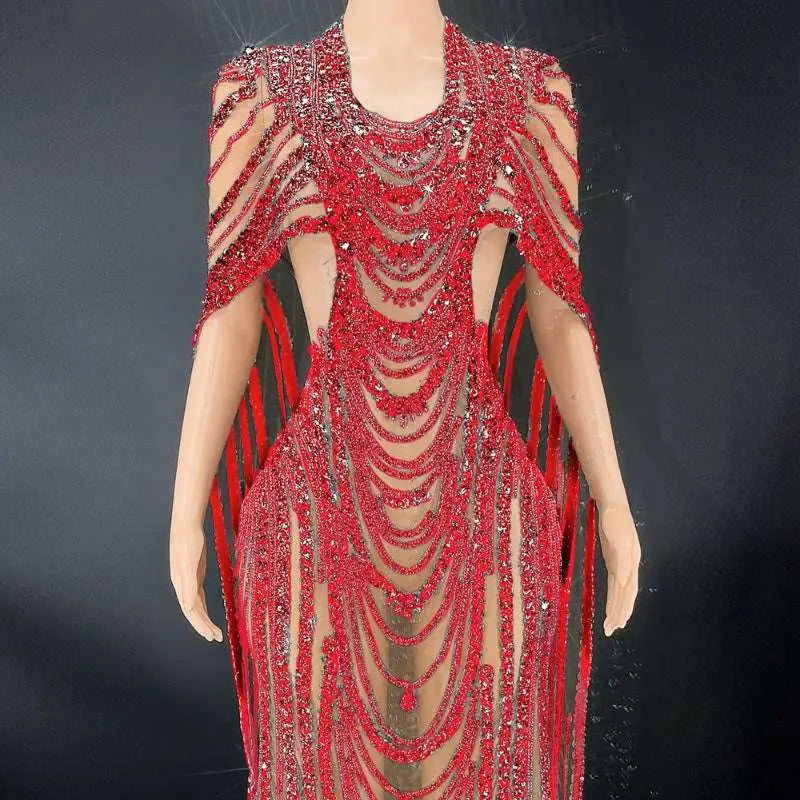 Red Beaded Celebrate Crystal Sequin Evening Gown
