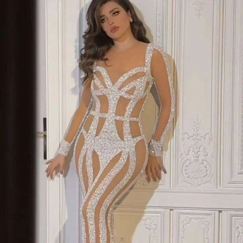 Silver Sequined Sprinkled Gold Banquet Evening Dress