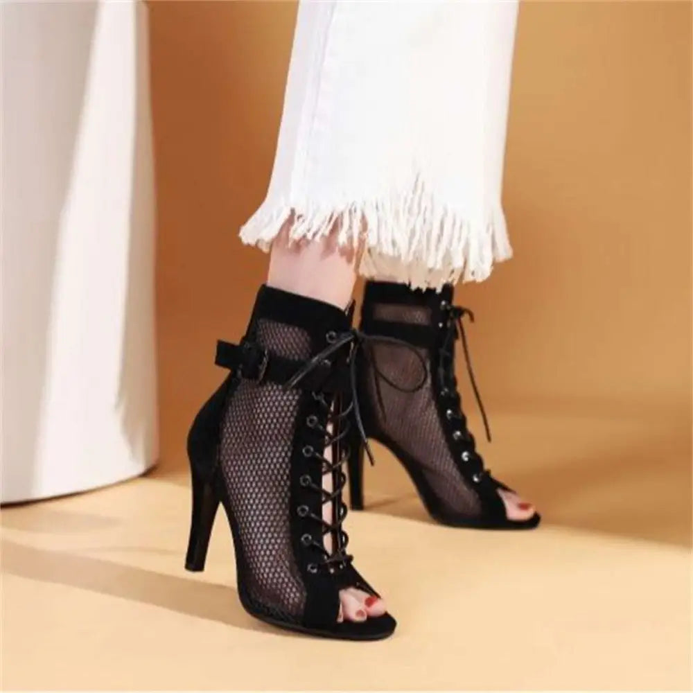 Stylish Peep Toe Hollow Mesh Lace-up Dance Heels