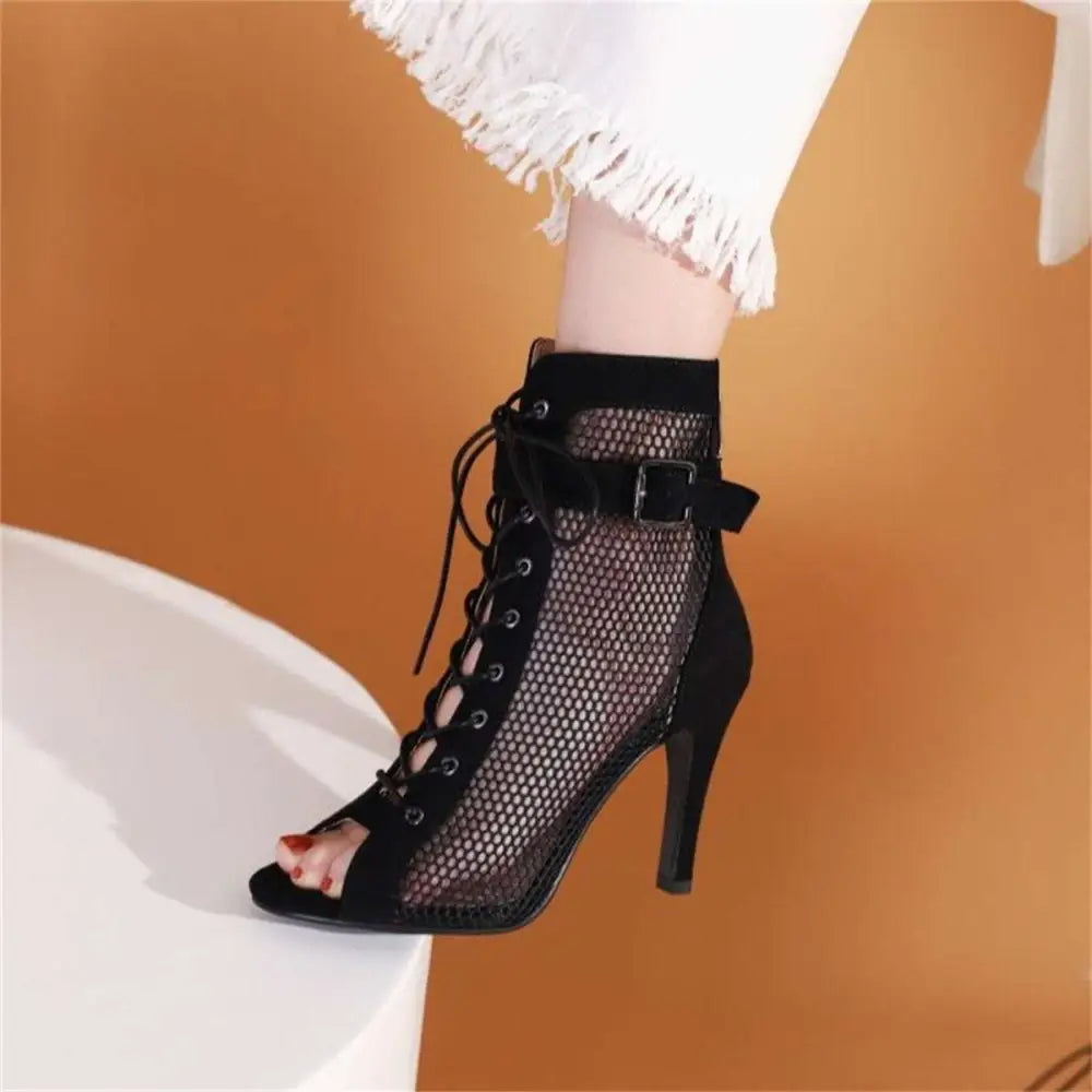 Stylish Peep Toe Hollow Mesh Lace-up Dance Heels
